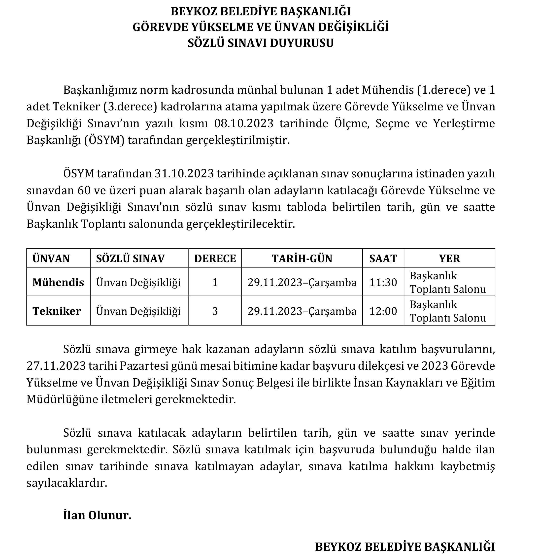 2023 YILI GÖREVDE YÜKSELME ve UNVAN DEĞİŞİKLİĞİ SÖZLÜ SINAVI DUYURUSU